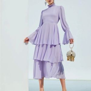 Shirred Neck Flounce Sleeve Layered Dress L